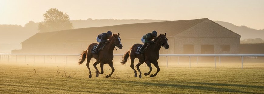 Deux chevaux au galop d'entraînement à l'aube